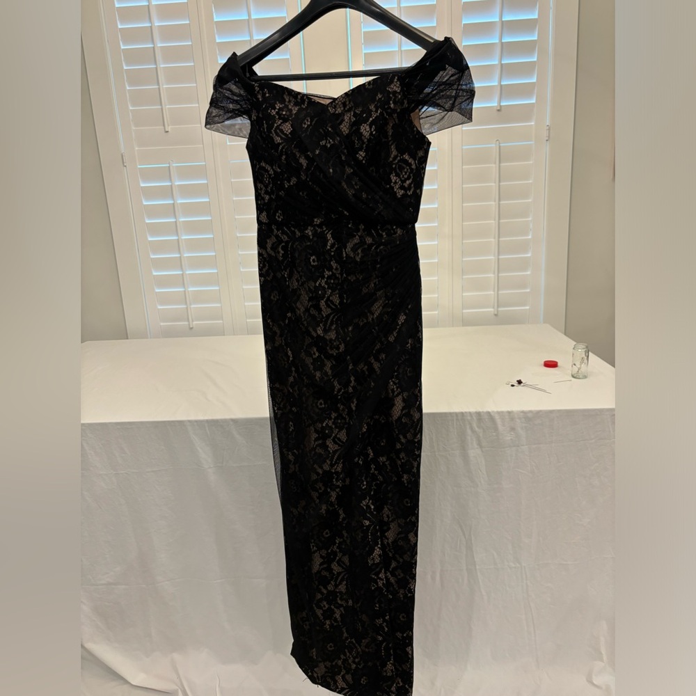 Elegant long black lace over cream under-layer.  Wore to my daughter’s wedding.